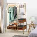 Finnhomy Clothes Rack, Clothing Rack for Hanging Clothes Heavy Duty Garment Rack with 5 Wood Shelves Freestanding Portable Closet Organizer for Bedroom/Entryway/BoutiquesGold