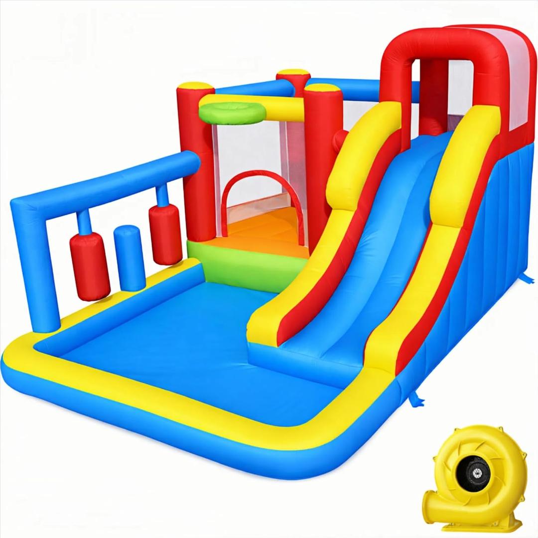 Bounce House Inflatable Bouncy Castle with Punching Bag,Ball Pit,Climbing Wall Jumping House with Slide for Kids 3-10 Indoor/Outdoor Play Gifts for Boys & Girls (Blue)