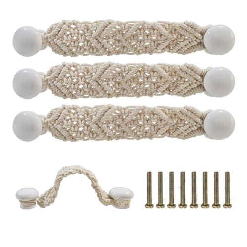 RFORPLY Bohemian Style Braided Rope Wooden Pulls, 4 Pack Cabinet Drawer Cupboard Furniture Door Wooden Pulls Handles,Hand Woven Rope Drawer Pulls for Kitchen Cabinet Wardrobe Cupboard (White)