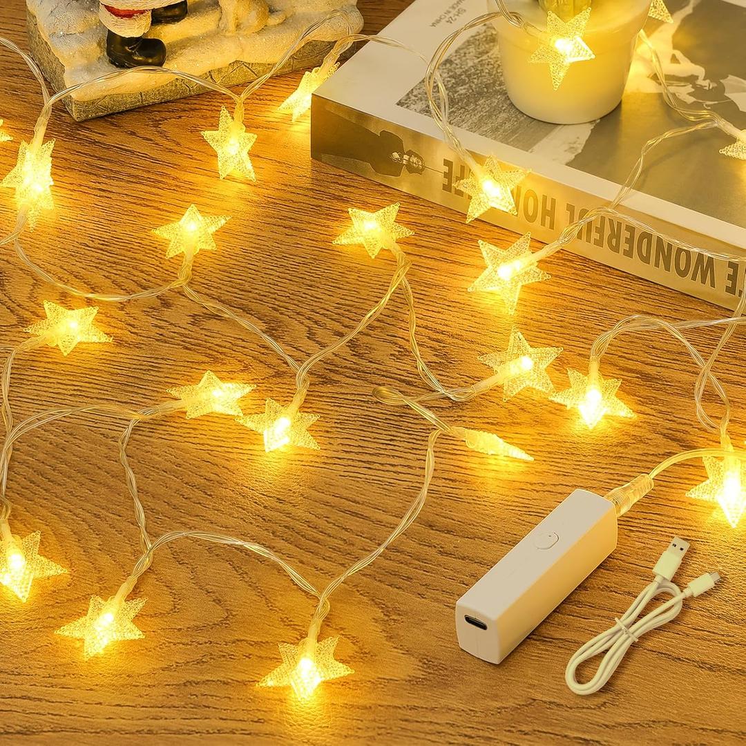 Lamuku Rechargeable Star String Lights, 17FT 50 LED Star Fairy Lights Battery Operated with 8 Modes & Timer, Twinkle Christmas Lights for Bedroom Tent Porch Wedding Party Xmas Decorations, Warm White