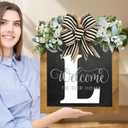 Welcome Wreaths for Front Door-14"x12", 26 Initial Letter Front Door Wreath, Welcome Sign with Eucalyptus Garland and Bow, Porch Farmhouse Decoration, Housewarming Gifts (L)