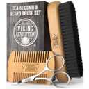 Viking Revolution Beard Comb & Beard Brush Set for Men -- Natural Boar Bristle Brush and Dual Action Pear Wood Comb w/Velvet Travel Pouch - Great for Grooming Beards and Mustaches