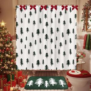 2 Pcs Christmas Tree Bathroom Decor Set Green Christmas Shower Curtain with Non Slip Flocking Bath Rug and 9 Red Bow for Winter Xmas Holiday Bathroom Gift 72''x72''