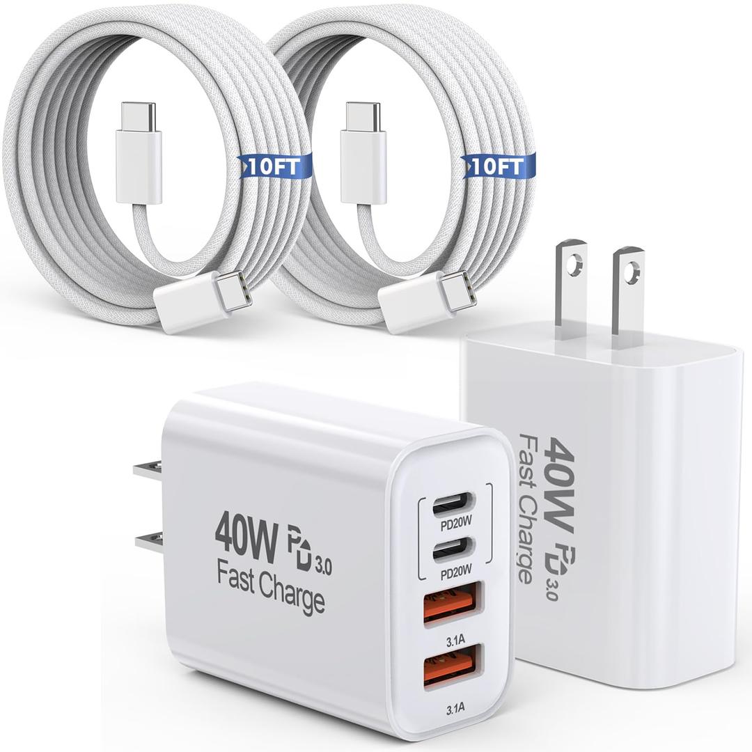 10FT iPhone 17 16 15 Pro Charger,2Pack 10Foot USB C to C Woven Cable Cord 40W USB C Apple Charger 4 Port PD&AC Charge Block Fast Charging for iPhone 17 Air/17 16 15 Pro Max/16e/16 Plus/15/15 Pro/iPad (White)