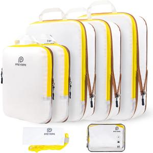 Lightweight Compression Packing Cubes for Suitcases, Compressible Expandable Travel Packing Organizer with Clear Toiletries and Backpack Bag, Travel Essentials for Carry on Luggage 7 Set (White/Yellow)