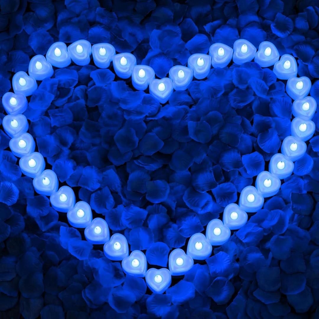 Caffox 3000Pcs Rose Petals with 36Pcs LED Tea Lights Candles, Rose Petals and Candles Set for Romantic Night, Romantic Decorations for Special Night, Valentine's Day, Wedding, Anniversary(Blue)