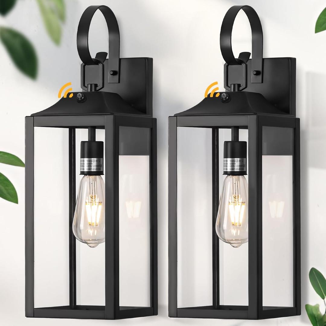 19" Large Dusk to Dawn Outdoor Lighting 2 Pack, Black Sensor Porch Lights Exterior Lighting Fixtures, Modern Wall Lantern Outdoor Wall Lights Waterproof Wall Sconce Lamp for House, Doorway, Garage