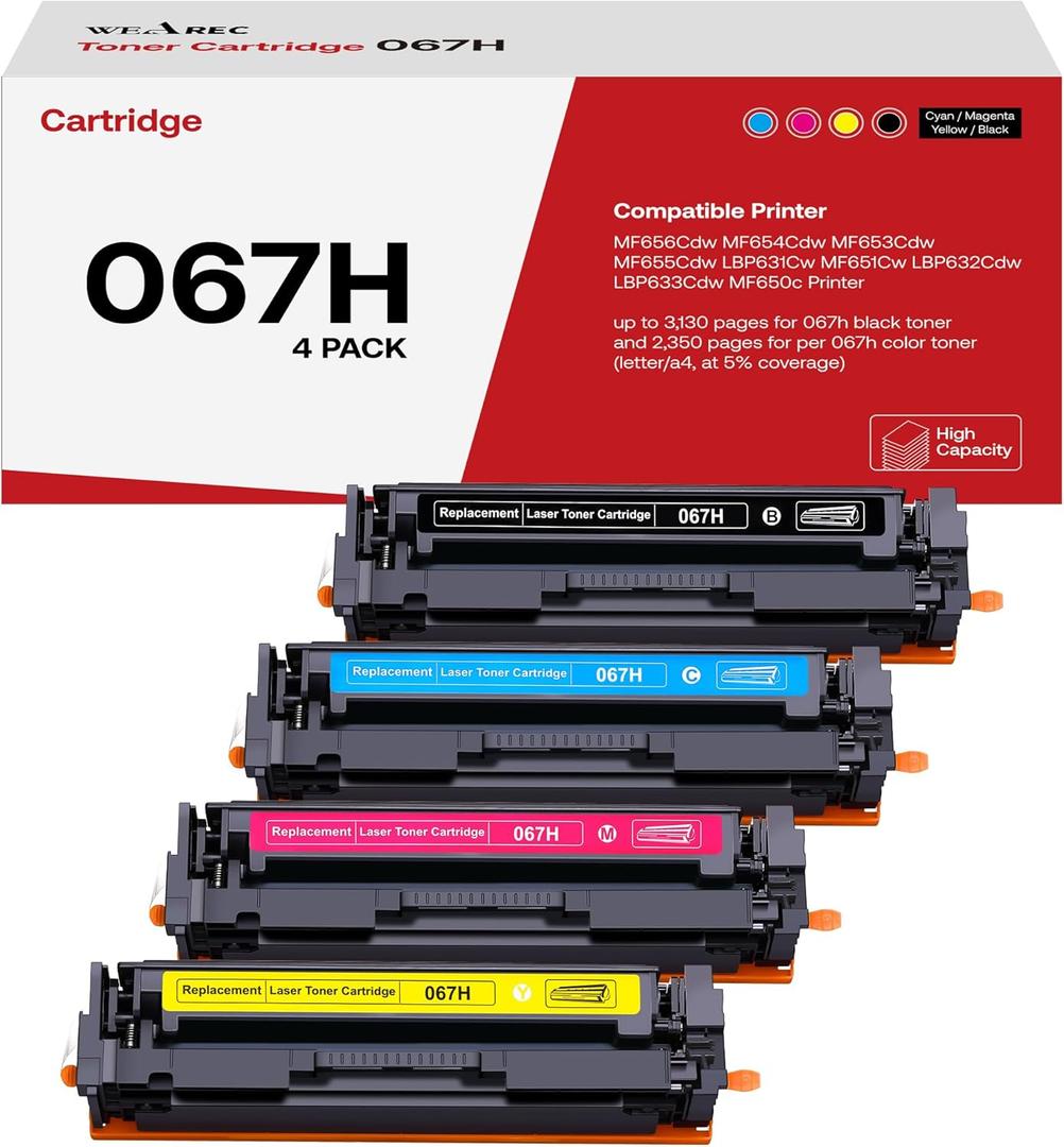 067H Toner Cartridge Replacement for Canon 067H 067 Compatible for ImageClass MF656Cdw MF654Cdw MF653Cdw MF651Cw LBP632Cdw LBP633Cdw MF650c Printer (4Pack,Black Cyan Yellow Magenta)
