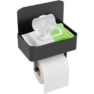 JUYSON Toilet Paper Holder with Shelf, Flushable Wipes Dispenser Fits for Bathroom Wipe Storage, Keep Your Wipes Hidden Out of Sight - SUS304 Stainless Steel Wall Mount Organizer (Matte Black)