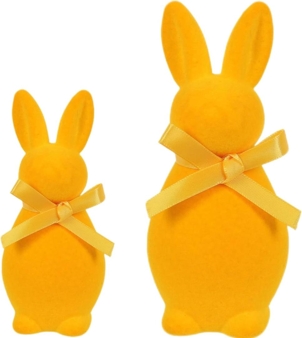 Easter Bunny Flocked Decor, Easter Bunny Figurines, Rabbit Set Spring Dining Table Center Decoration, Interior Decoration Set Suitable for Families and Parties (Yellow, Small+Large)