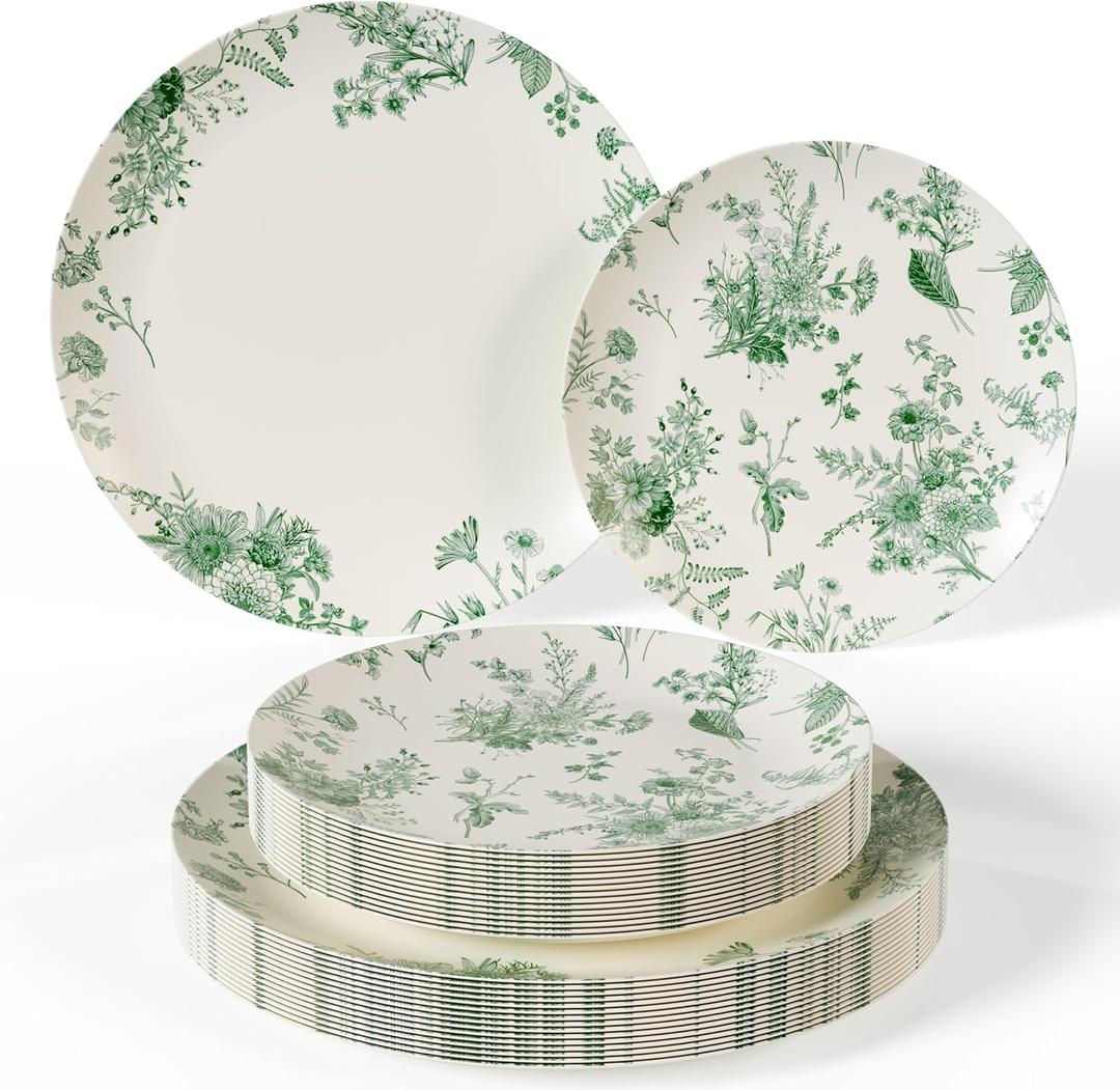 Trendables 40 Piece Plastic Disposable Plates Set For 20 Guests I 20 X 8 Inch Dessert Plates & 20 X 10 Inch Wedding Party Plates | Ivory & Green Verdure Design, 40 Count