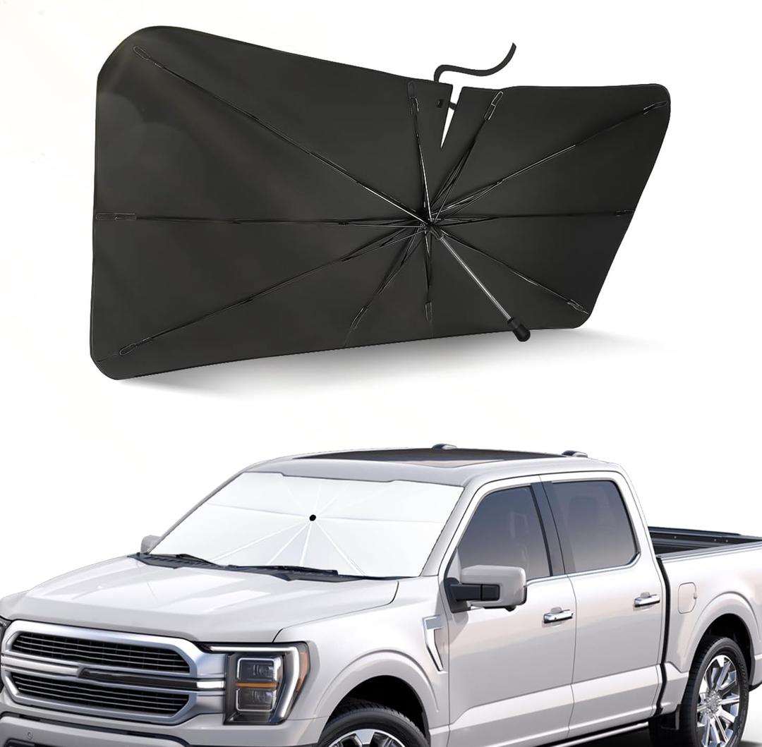 Windshield Sun Shade Umbrella Fit for Ford 2015-2025 F150 F250 F350 Truck Accessories, Titanium Silver Coating for UV Ray Block, Foldable Car Front Window Sunshade with Storage Pouch Keep Cool