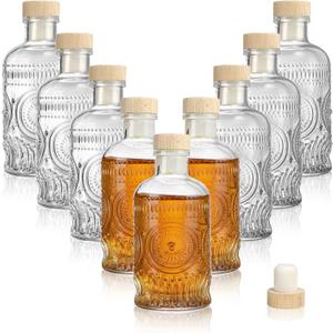 Kingrol 9 Pack 7 oz Glass Liquor Bottles with T-Top Stoppers, Vintage Sunflower Embossed Bottles, Small Glass Bottles for Whiskey, Wine, Syrups, Vanilla Extract
