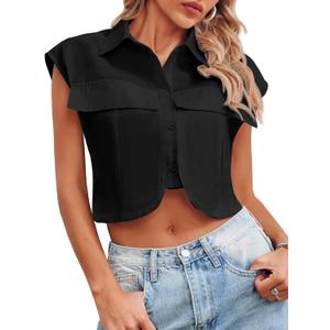 Tankaneo Womens Button Down Shirts Cute Summer Cap Sleeve Crop Tops Blouse (Black, XL)