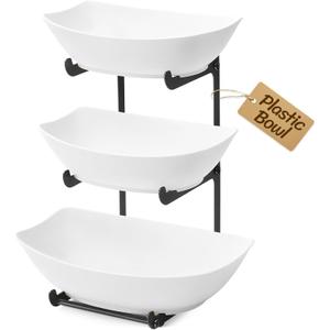 Lifewit Plastic Fruit Bowl for Kitchen Counter, 3 Tier Fruit Basket with Black Metal Stand, Tiered Fruit Holder for Countertop Serving Tray for Vegetable/Dessert in Party 28 x 21 x 35cm/11 x 8.4 x 14