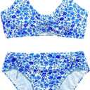 Girl's Ditsy Floral Bathing Suits 2 Piece Ruched Wireless Boho Bikini Swimsuits Summer Beachwear (Blue)
