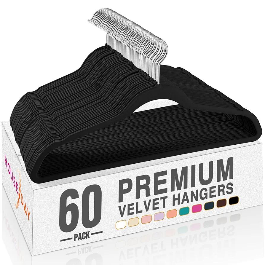HOUSE DAY Black Velvet Hangers 60 Pack, Non Slip Clothes Felt Hanger Heavy Duty for Coat, Premium Slim Space Saving Suit Hangers for Closet Organizer, 360° Rotating Silver Hook