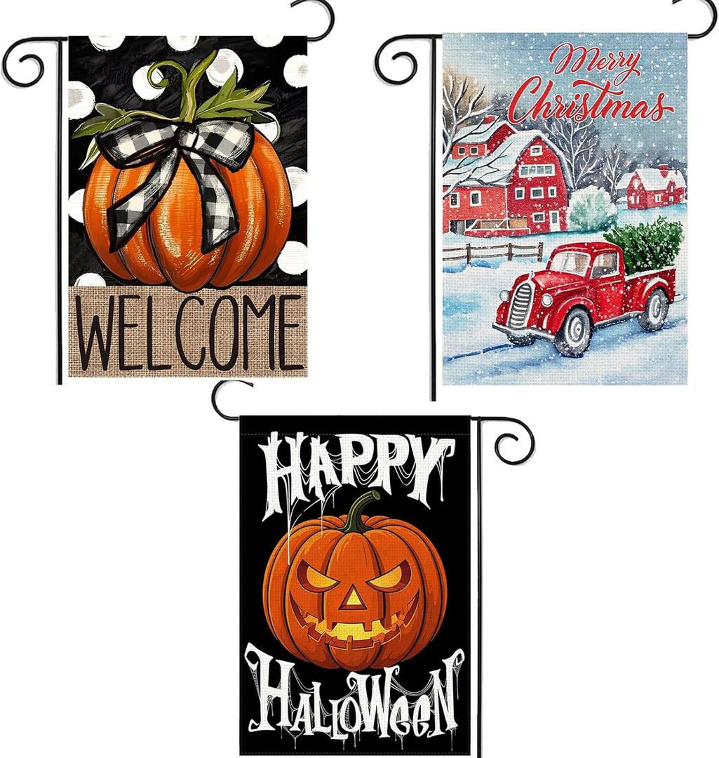 4 x Doncida 3 Pack Happy Halloween Thanksgiving Christmas Garden Flag 12x18 inch Double Sided Burlap Pumpkin Welcome Fall Holiday Small Yard Flag for Outside Decoration