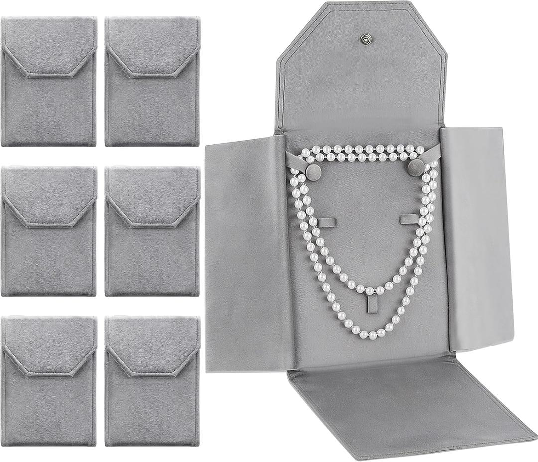 Kenning 6 Pcs Velvet Necklace Jewelry Display Folder Travel Necklace Organizer Women Pearl Jewelry Pouch Gift Bag(Gray)