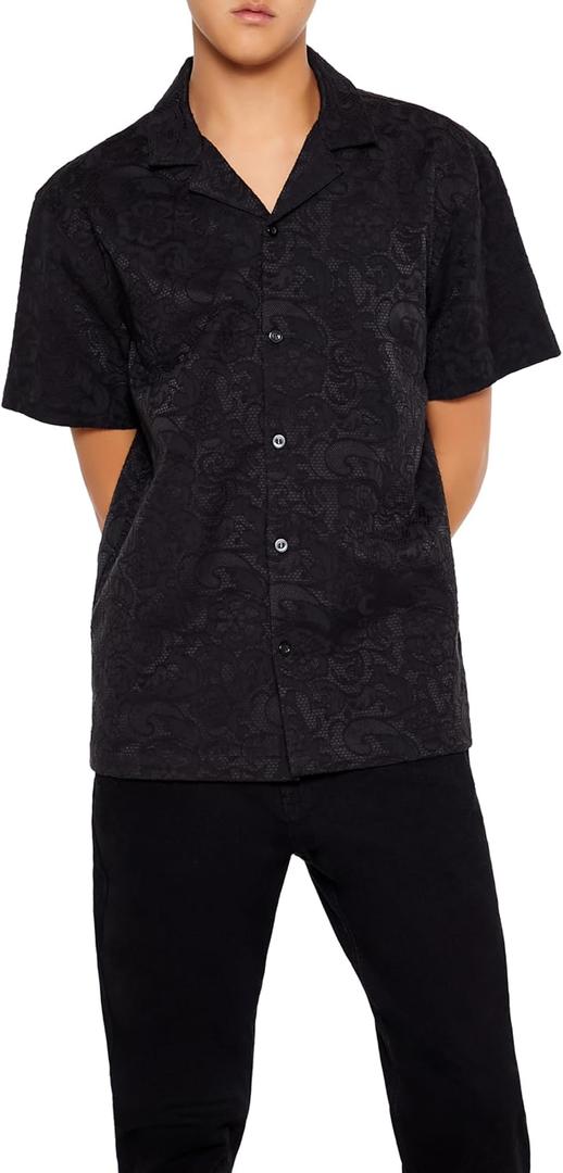 Forever 21 Mens Textured Floral Lace Shirt (Black, XL)