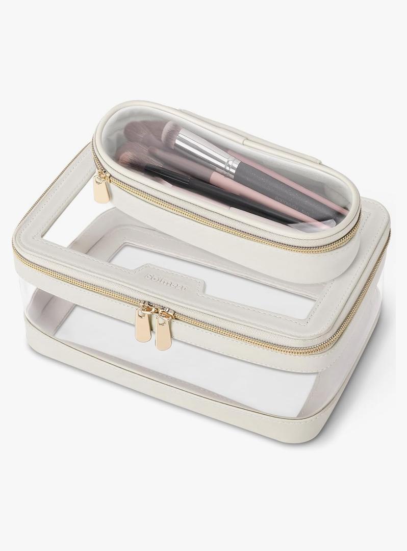 Travel Clear Makeup Bag with Makeup Brush Bag, Leather Make up Case Toiletry Bag, Portable Cosmetic Bag Case, Transparent Waterproof Cosmetic Organizer Storage Bag for Women, Off-White
