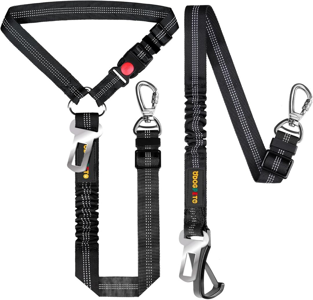 Dog Seat Belt for Car, Adjustable 4-in-1 Dog Car Seatbelt Leash with Hook & Buckle, Reflective Dog Seatbelt Harness for Car with Vehicle Car Headrest & Swivel Carabiner and Poop Bag, Black