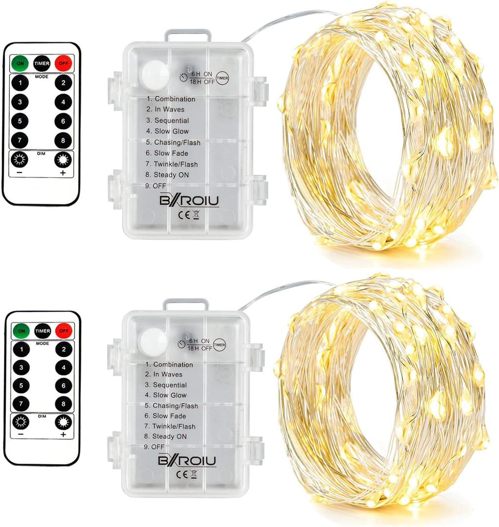 BXROIU 2 x Fairy Lights Battery Operated, Silver Wire Chains 8 Mode 16Ft/5Meter 50 LEDs Timer String Lights with Remote Control for Bedroom Christmas Party Wedding Decoration(Warm White)