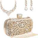 Womens Sparkly Rhinestone Crystal Clutch Bag Glitter Sequin Bridal Purse Evening Handbag for Wedding Party Prom (Full Gold With Necklace)