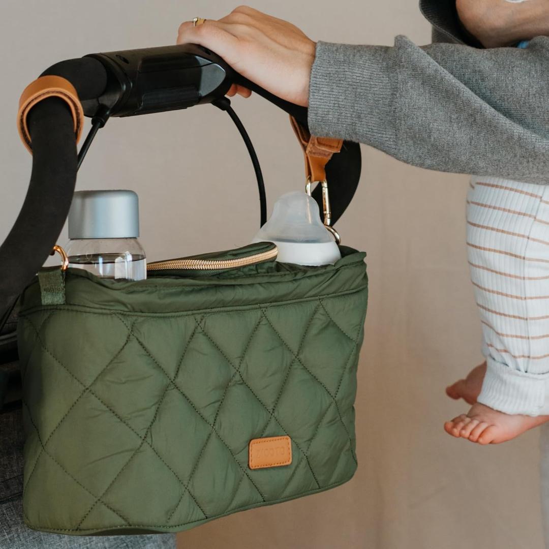 Beautiful Stroller Caddy Organizer With 2 Cup Holders  Luxury Stroller Bag, Universal Fit, Leather Straps & Zipper Pocket  Spacious Accessories Perfectly Fits Doona, Nuna & Uppababy Strollers (Sage Green)