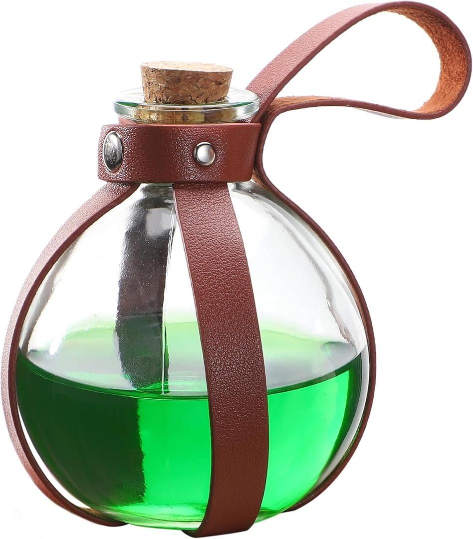 Spooktacular Creations Potion Bottles with Cork (Brown), Magic Glass Bottles prop with Cork Stopper and Faux Leather Loop Accessories for Halloween Mystic Witch Costumes Party