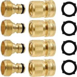 Hourleey Garden Hose Quick Connector, Solid Brass 3/4 Inch GHT Thread Garden Quick Connect Kit, Male and Female No-Leak Water Hose Fittings (4 Set)