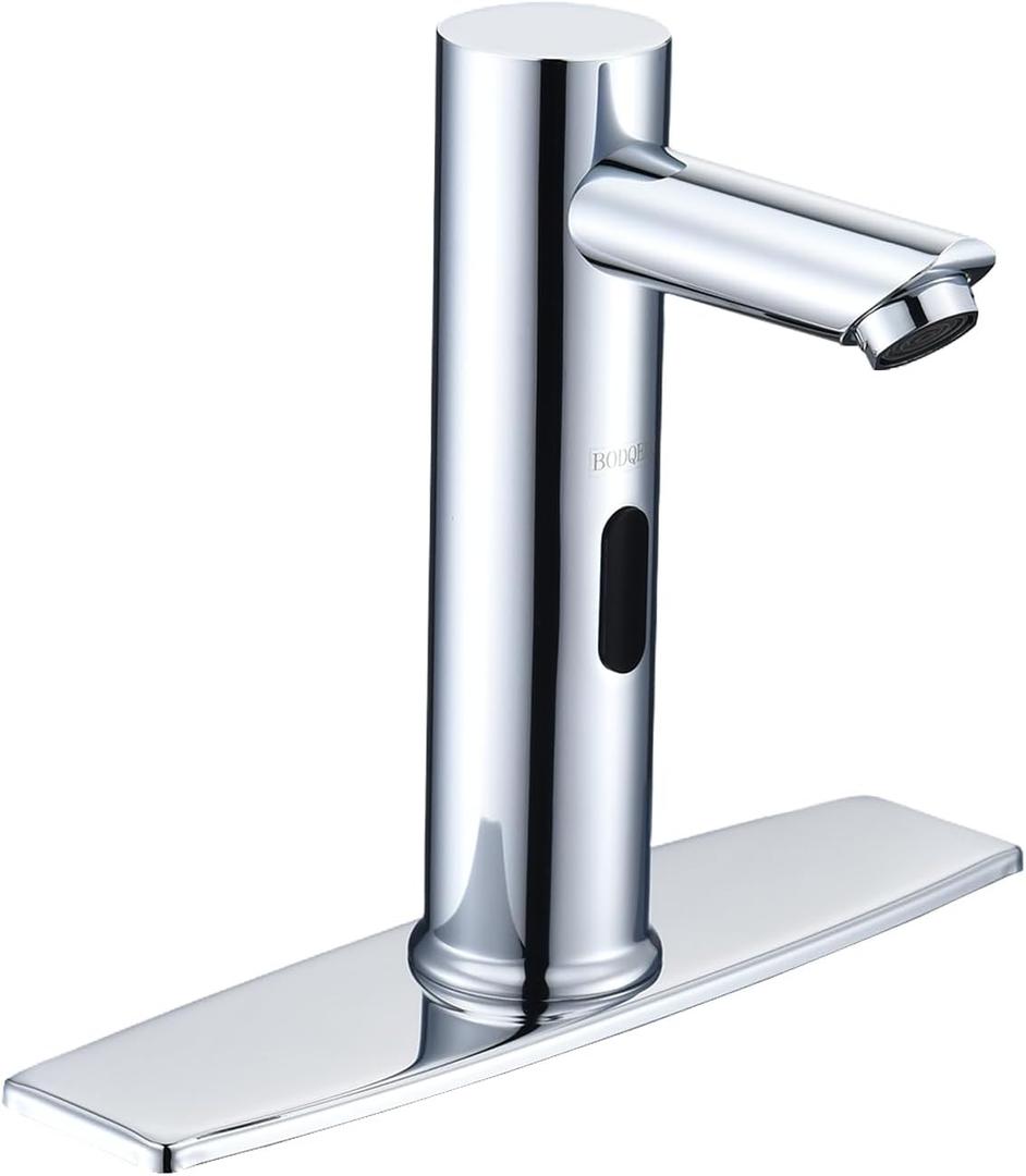 Automatic Sensor Touchless Bathroom Faucet, Waterfall Single Hole Bathroom Sink Faucet Stainless Steel, Hands Free Motion Sensor Lavatory Faucet with Hole Cover Plate (Regular Version, Black) (Chrome)