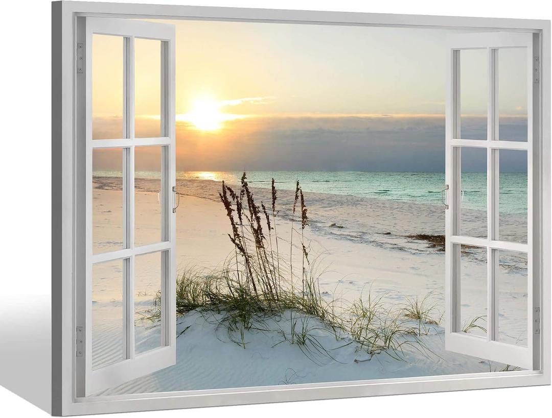 Sea Whisper Beach Painting Wall Art Canvas : 24x36 Inch Coastal Window Artwork Sunrise Picture Seascape Painting Ocean Print for Bedroom Decor 24"L x 36"W