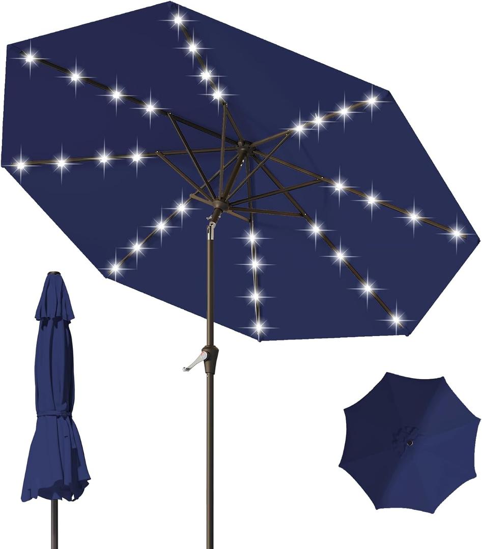 9FT Patio Umbrella with Solar Lights,Outdoor Market Umbrella with Tilt and Crank, LED Lighted Table Umbrella for Garden,Deck,Backyard,Pool,Beach (Navy)