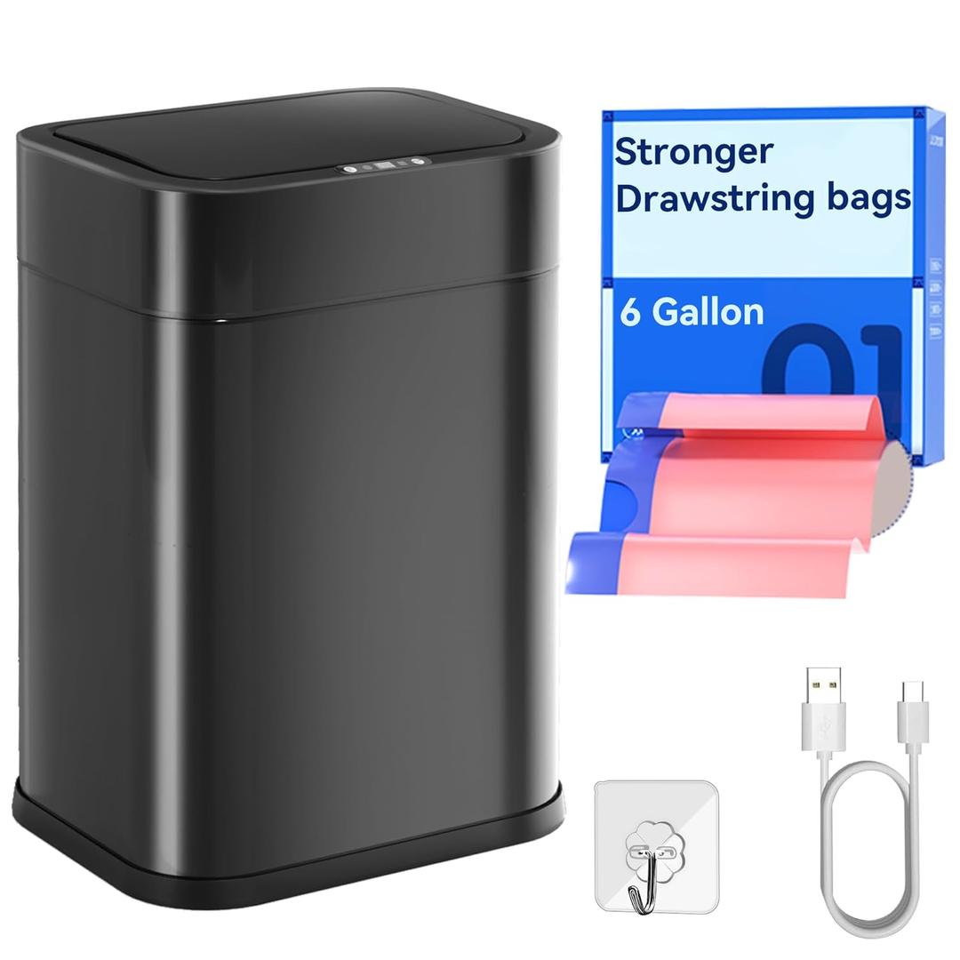 Kitchen Trash Can Automatic Touchless with 360 Motion Sensor & Silent Close Lid 6 Gallon Stainless Steel Auto-Adsorption Smart Bathroom Garbage Cans with Pre-Cut Drawstring Bags (Black)