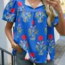 Cicy Bell Womens Boho Floral Blouses Short Puff Sleeve V Neck Babydoll Shirts Flowy Tie Front Tops Blue (L)