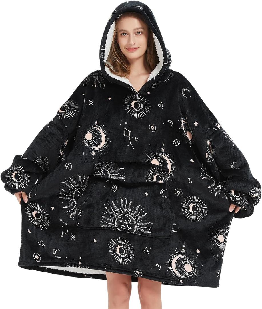 Wearable Blanket Hoodie for Adult,Oversized Sherpa Fleece Blanket Hoodie for Women Men,Sun and Moon (God), Size: Adult