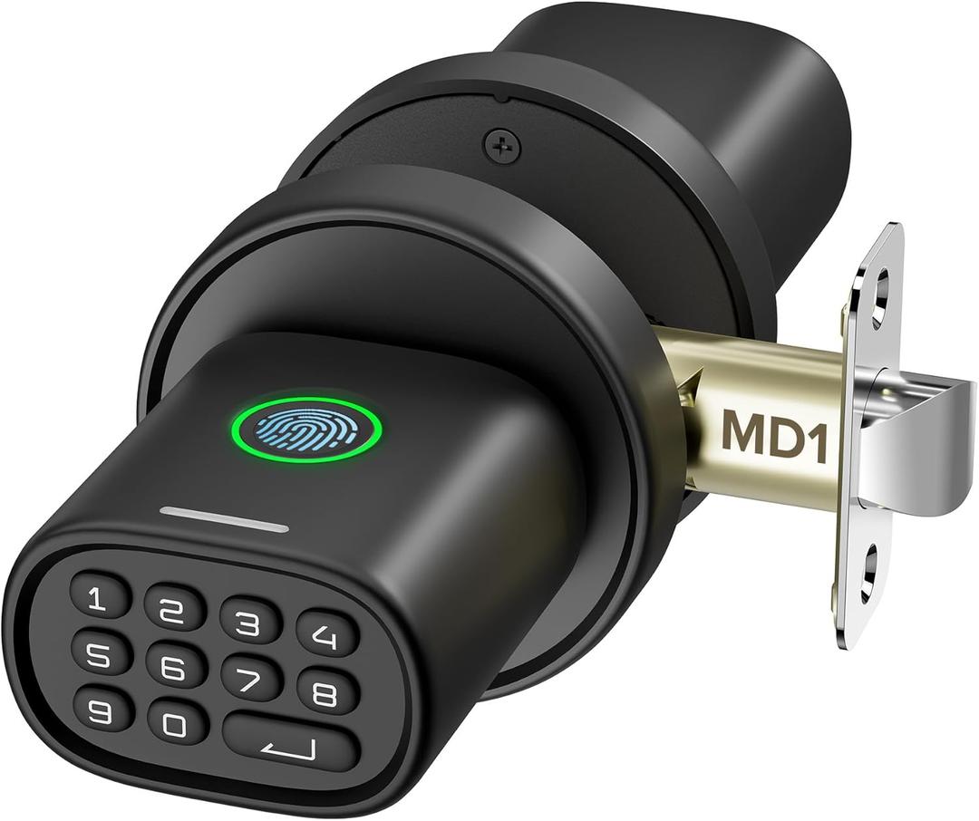 Fingerprint Door Knob, Keyless Door Knob with Keypad Biometric Electronic Thumbprint, Auto-Lock for Interior Doors for Bedroom, Home, Office, Garage, 4xAA Alkaline (NOT Included), MD1 Black