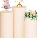 FUHSY Set of 3 Spandex Cylinder Pedestal Stand Covers Beige Stretch Plinth Covers for Party Table Dessert Display Elastic Slipcovers for Metal Cylinder Stands for Birthday Wedding Props Event Decor