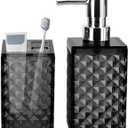 Bathroom Accessories Set 2 PCS, Black Bathroom Accessories Include Soap Dispenser and Toothbrush Holder, Diamond Pattern Bathroom Set for Boho Bathroom Decor