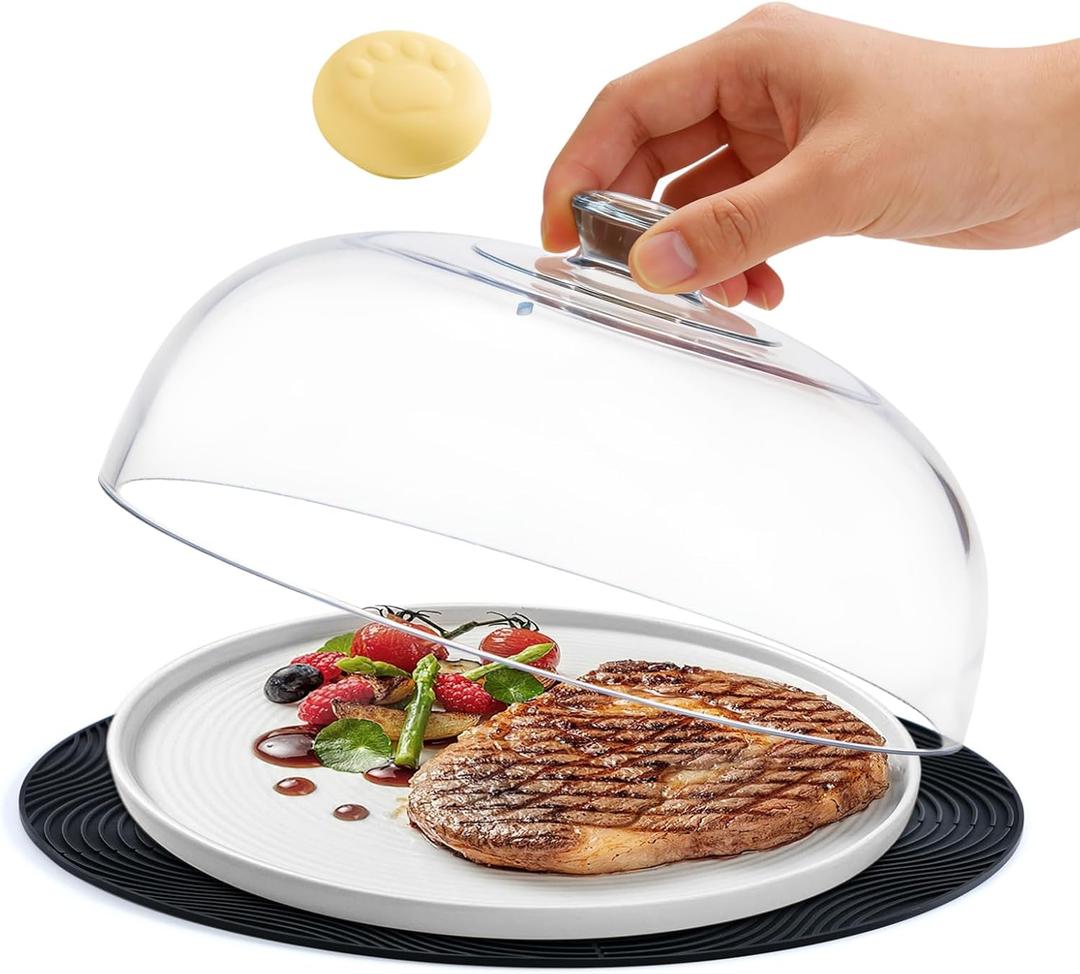 WENWELL Glass Microwave Splatter Cover with Silicone Mat, 10Inch Plate Splatter Food Lid with Integrated Grip Handle and Vent Hole, BPA Free, Dishwasher Safe