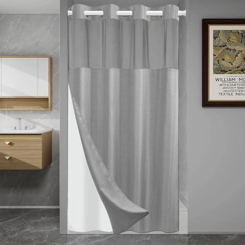 SORTTO No Hook Shower Curtain with Snap in Liner Set Waffle Shower Curtain for Bathroom Hotel Style Fabric Waterproof Inner Liner，54" W x 80" H, Grey