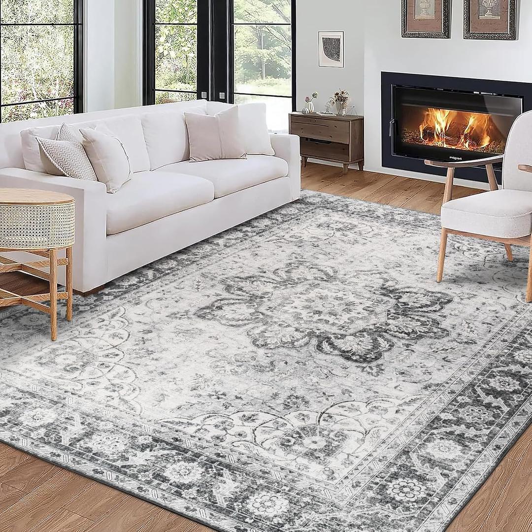 ReaLife Rugs Machine Washable Area Rug - Living Room Bedroom Bathroom Kitchen Entryway Office - Padded Low Pile Stain Resistant Premium - Boho Farmhouse Vintage - Joy - Gray 4' x 6' (4' x 6', Medallion - Gray)