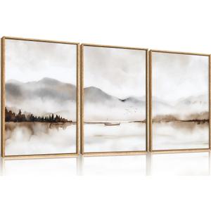 Neutral Abstract Mountain Framed Canvas Print Wall Art Set,Watercolor Beige and Gray Calming Landscape Wall Decor,Modern Minimalist Nature Artwork for Living Room,Bedroom-24 x36 x3