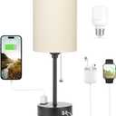 Beige Small Lamps 3 Levels Brightness - 3000K 4000K 5000K Bedside Lamps with USB C and A Ports, Pull Chain Table Lamps with AC Outlet, Nightstand Lamps with Black Metal Base for Bedroom Kids Reading (14.6 in)