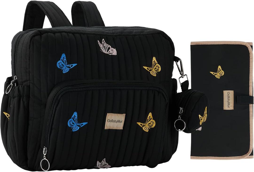 Diaper Bag Backpack, Mini Maternity baby bag with Changing Pad, Insulated Pockets, Stroller Straps & Pacifier Case (Black - Butterflies)