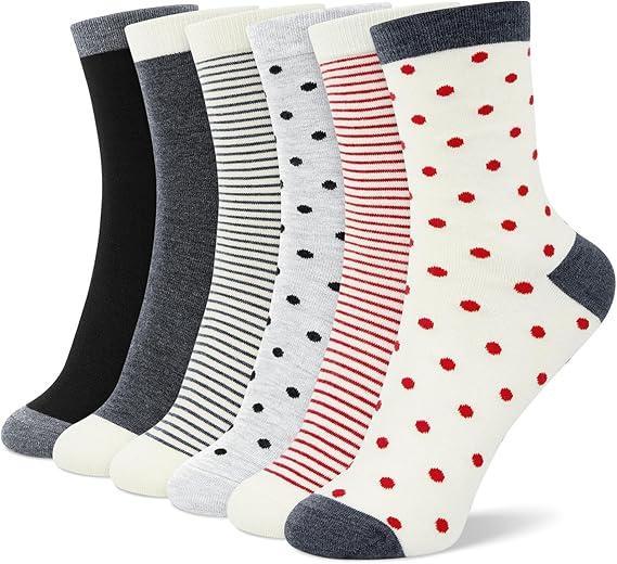 10 Pairs Cotton Crew Socks for Women, Breathable Novelty Funny Striped Dot Casual Cute Calf Socks Size 6-12