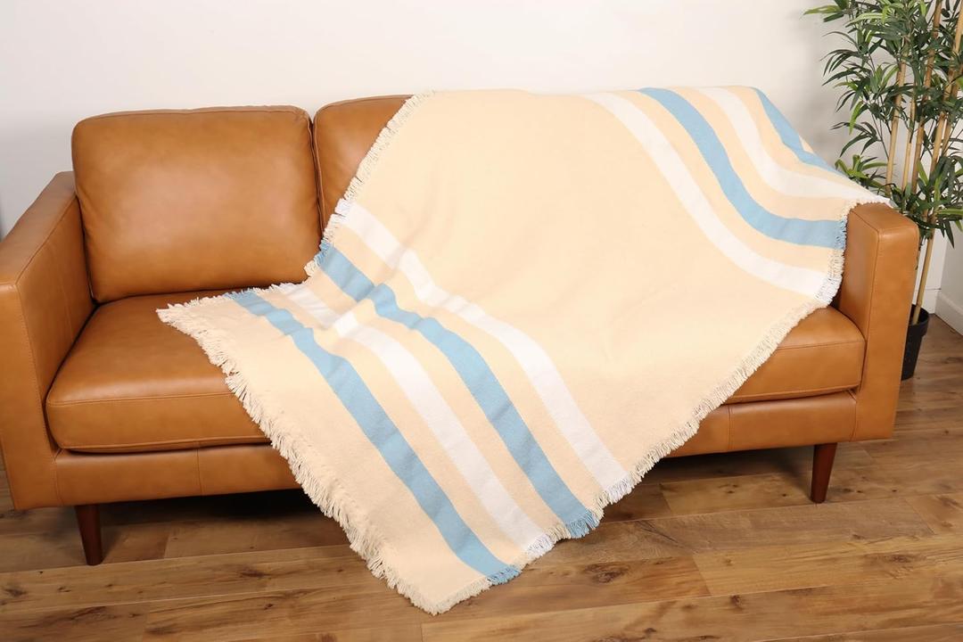 Pure Country Weavers White & Blue Stripe Woven Throw Natural Blanket - 100% Cotton Made in the USA (73x48)