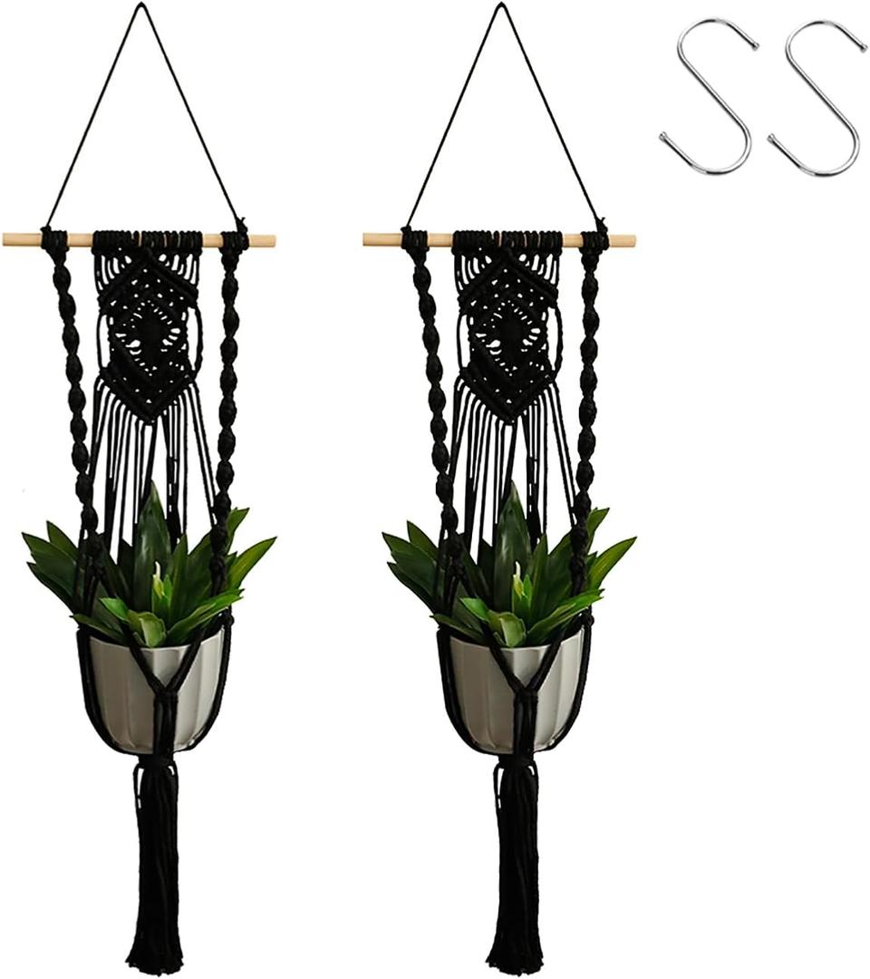 Artilady Black Plant Hanger Macrame Hanging Planter for Indoor Boho Plants Holder with Hooks Hanging Plant Basket Outdoor Window Wall Plants Home Decor (Black Wood Hanger-2pcs)