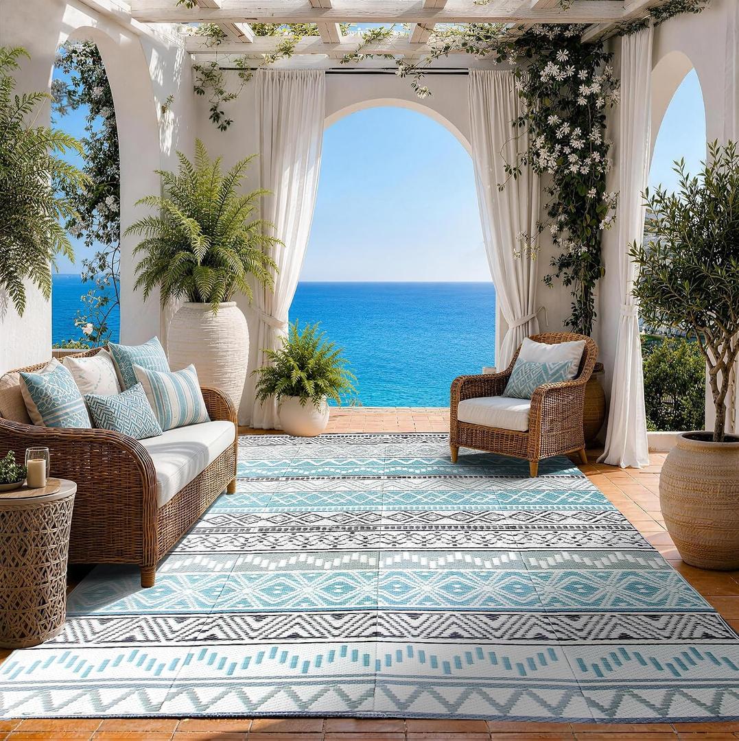 Outdoor Rug 8 x 10 ft, Reversible Plastic Straw Rug for Patio, Waterproof Large Outdoor Carpet for RV, Patio, Camping, Backyard, Deck, Picnic, Beach, Blue & Grey